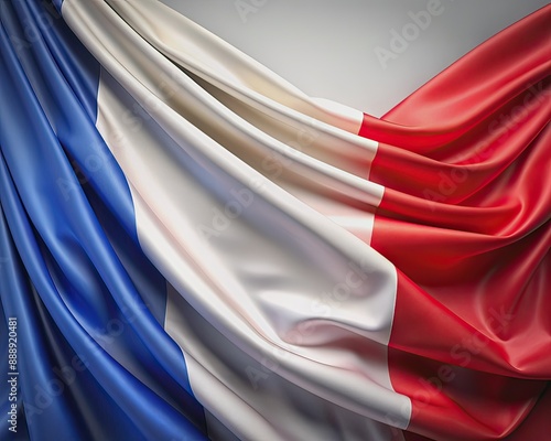 Vibrant blue, white, and red tricolor fabric draped elegantly with soft, natural folds, resembling the iconic French national flag, against a clean, neutral background. photo