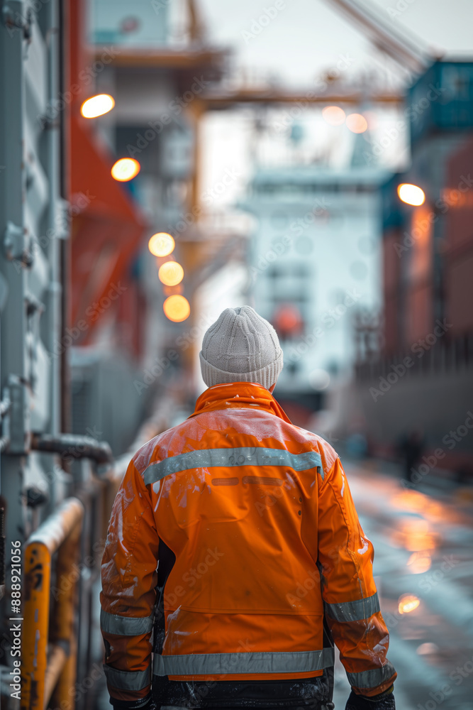 A Lone Figure Gazes at a Cargo Ship in the Twilight Harbor A Lone Figure Gazes at a Cargo Ship in the Twilight Harbor