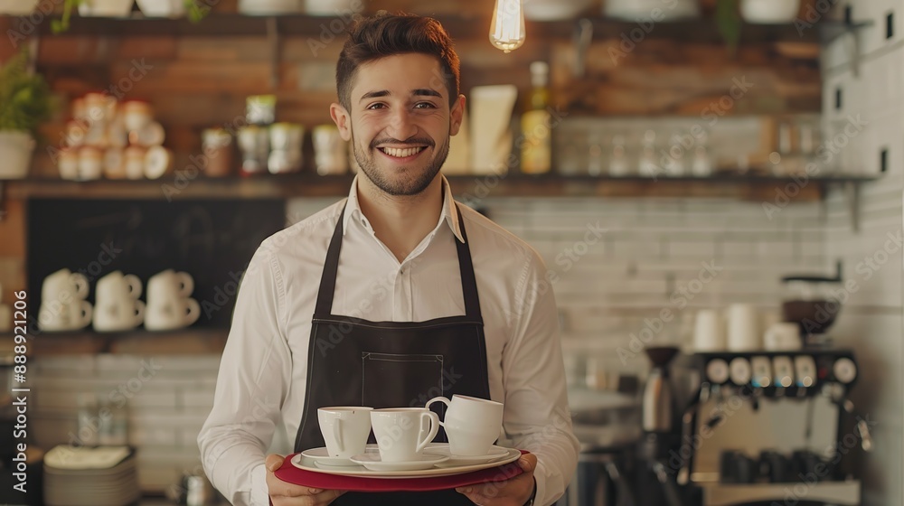 Cheerful male waiter carrying coffee cups on tray and smiling at camera, working in his small business restaurant cafe. copy space for text. Cheerful male waiter carrying coffee cups on tray and smiling at camera, working in his small business restaurant cafe. copy space for text.