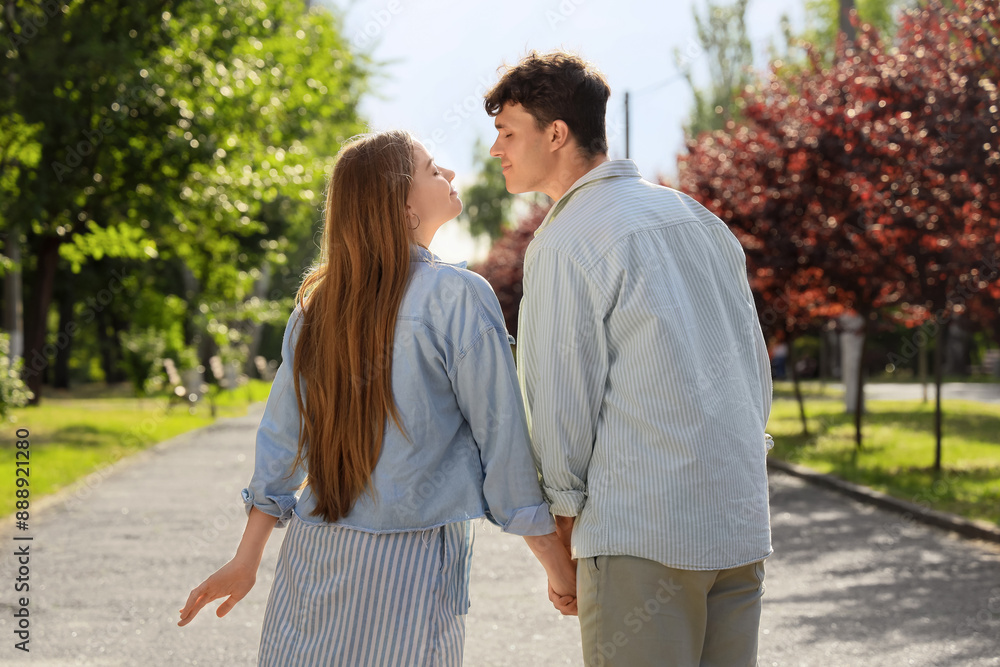 Obraz premium Beautiful young happy couple walking in summer park, back view