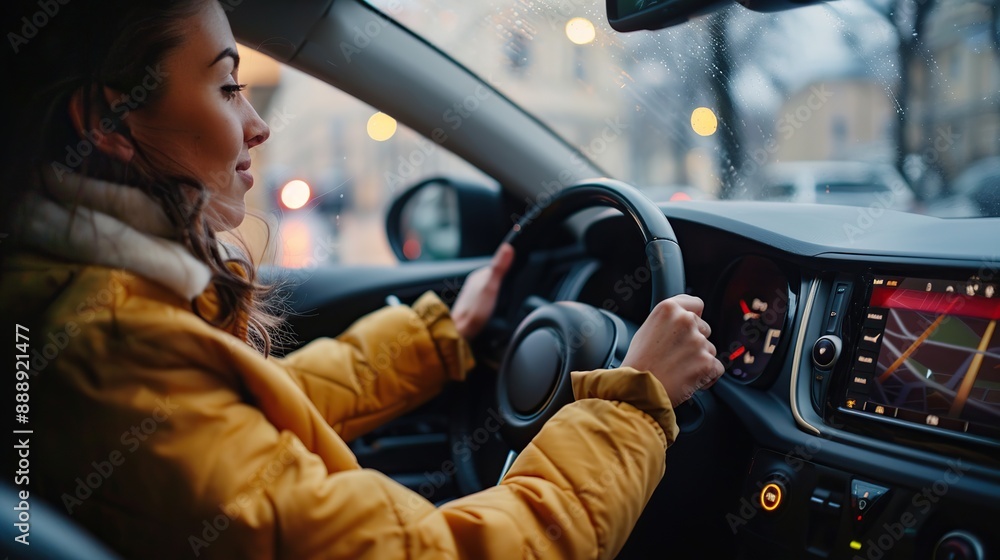 Happy European woman driving car and choosing road playlist for listening to music on auto audio system, pushing button on dashboard. copy space for text. Happy European woman driving car and choosing road playlist for listening to music on auto audio system, pushing button on dashboard. copy space for text.