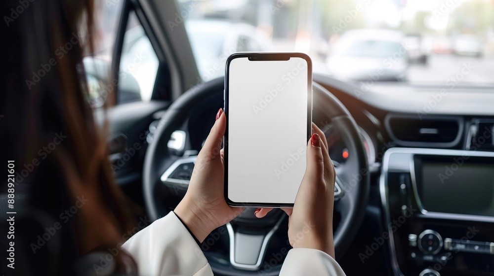 No cell phone use while driving car. Young lady holding cellphone and steering wheel, sitting in own car, phone with blank white screen for ad. copy space for text. No cell phone use while driving car. Young lady holding cellphone and steering wheel, sitting in own car, phone with blank white screen for ad. copy space for text.