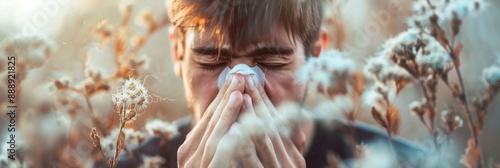 Young man sneezes because of an allergy to ragweed photo