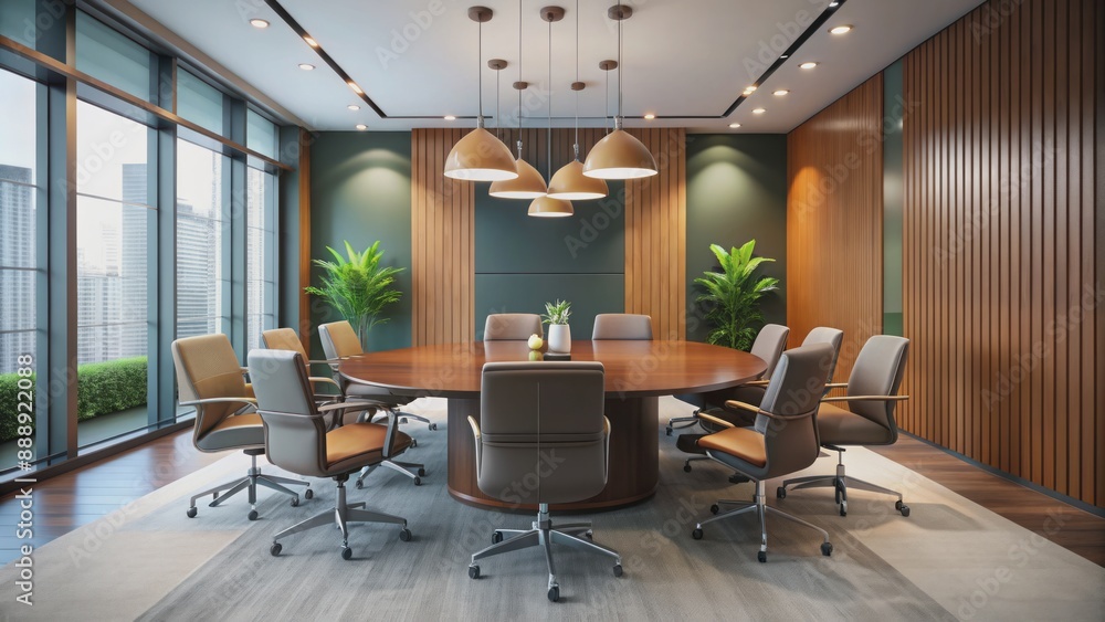 Modern corporate meeting space with oval table, polished chairs, bold-colored walls, and sophisticated lighting fixtures in a stylish setting. Modern corporate meeting space with oval table, polished chairs, bold-colored walls, and sophisticated lighting fixtures in a stylish setting.