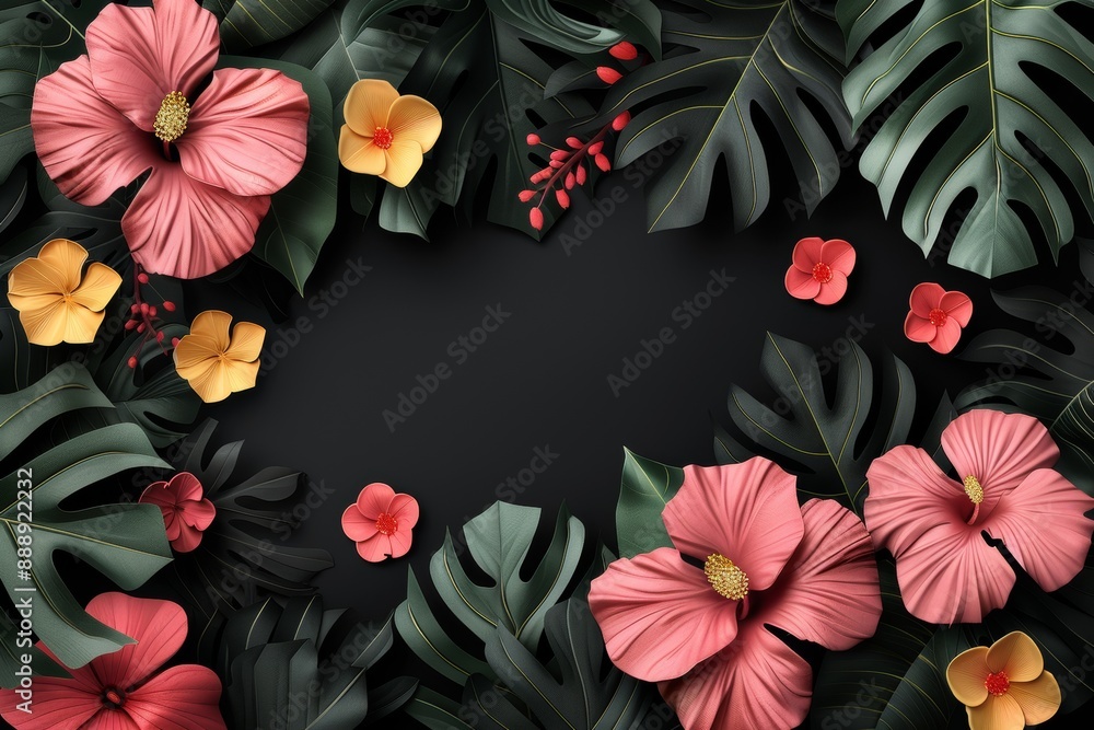 Vibrant tropical scene with pink hibiscus flowers and green foliage creating a lush and exotic paradise Vibrant tropical scene with pink hibiscus flowers and green foliage creating a lush and exotic paradise