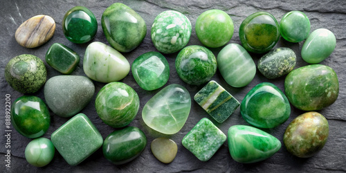  A selection of raw jade stones in various shades of green, meticulously arranged on a textured dark background, highlighting the natural beauty and variations of the stones