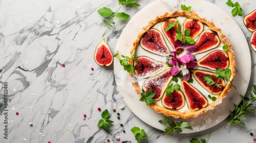 Top view of a refined plant-based fig tart with a golden crust, garnished with fresh herbs and edible flowers on a sleek, minimalist table setting Top view of a refined plant-based fig tart with a golden crust, garnished with fresh herbs and edible flowers on a sleek, minimalist table setting