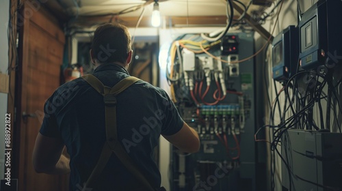 Electrician working in a basement to fix electric wiring, ensuring safety and reliability. Perfect for home repair and maintenance stock photos.