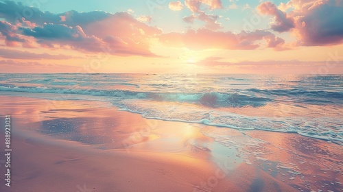 Summer closeup sunset sea sky landscape. Colorful ocean beach sunrise. Beautiful beach reflections calm waves, soft sandy beach. Perfect tropical coast horizon scenic coast view.