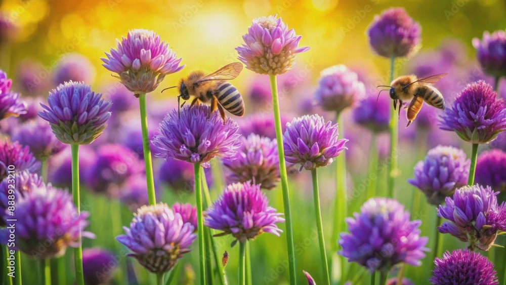 Busy bees swarming around vibrant purple flowers in a lush green meadow filled with warm sunlight and gentle breeze activity. Busy bees swarming around vibrant purple flowers in a lush green meadow filled with warm sunlight and gentle breeze activity.