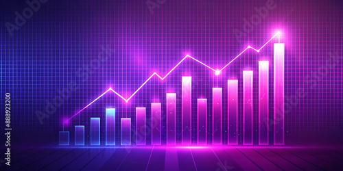 A neon purple and pink graph showing an upward trend on a grid background, representing data analysis, growth, and financial success in a futuristic, digital environment
