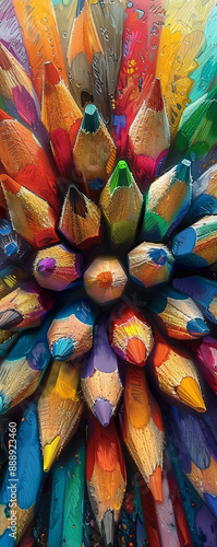 Imagine a captivating aerial view where vibrant pencils materialize the thoughts and sketches from a drawer Show a vibrant and dynamic scene that conveys the magic of creativity coming to life