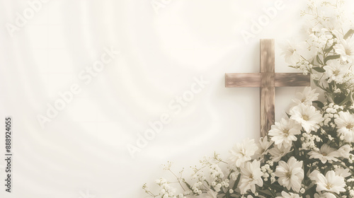 Composition with a Christian wooden cross and flowers against muted white background with space for text. Funeral invitation template