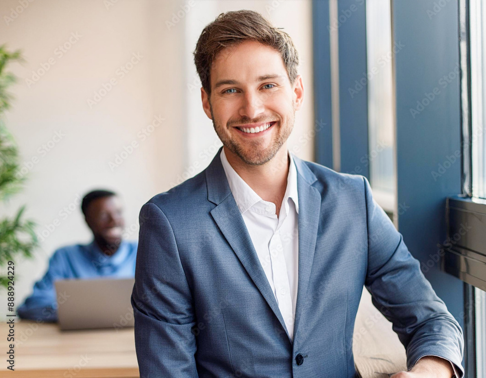 Happy caucasian businessman handsome male entrepreneur, in grey suit professional manager in office company employee Happy caucasian businessman handsome male entrepreneur, in grey suit professional manager in office company employee