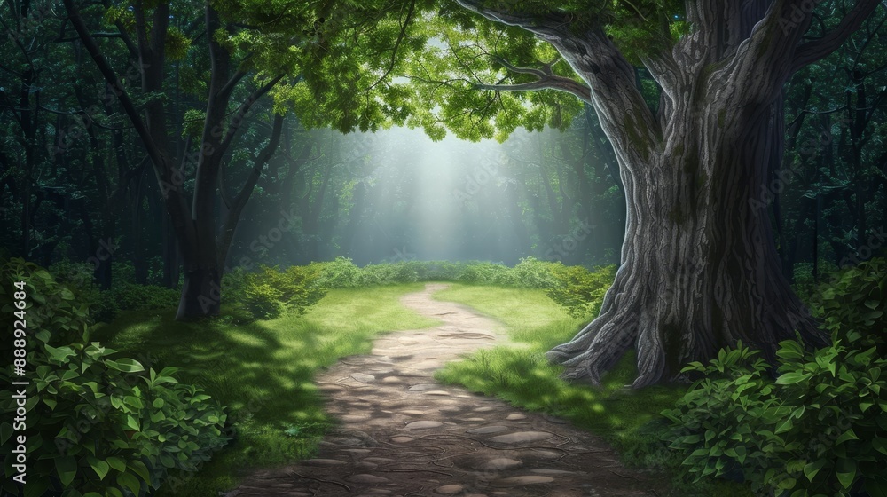 Fototapeta premium Enchanting forest scene from a fantasy novel, with a mysterious pathway leading to an ancient, glowing tree at the heart of the woods