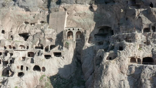 Flight over Vardzia - a cave monastery site in Georgia, UNESCO World Heritage