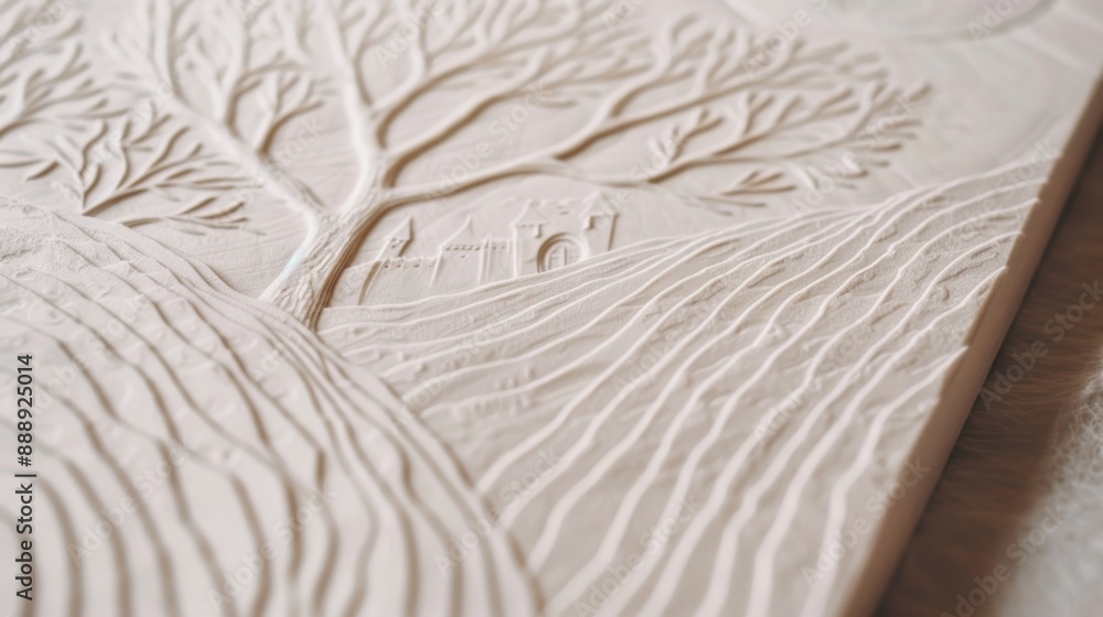 Obraz premium Hand-drawn sketch of a whimsical novel cover, featuring intricate line art of an enchanted forest and a hidden castle, filled with delicate details