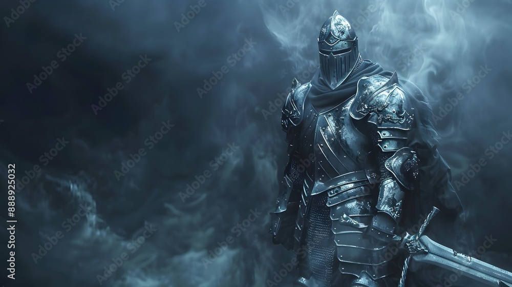 Fototapeta premium cinematic view of Brave knight with a sword, ready for battle.