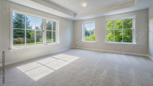 Serenely lit vacant room boasts freshly painted white walls, new nylon carpeting, and a large window letting in natural sunlight.