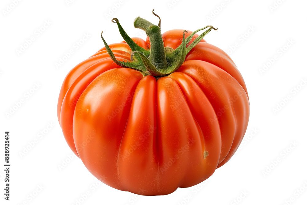 Beefsteak red tomato with a green stem isolated on a white background. Beefsteak red tomato with a green stem isolated on a white background.