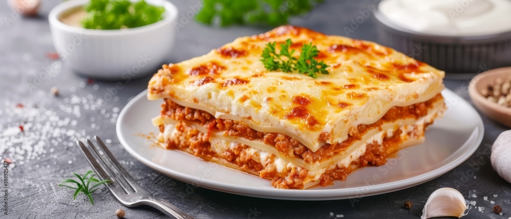 A stack of lasagna on a plate, next to garlic, parsley, and garlic on the table A stack of lasagna on a plate, next to garlic, parsley, and garlic on the table