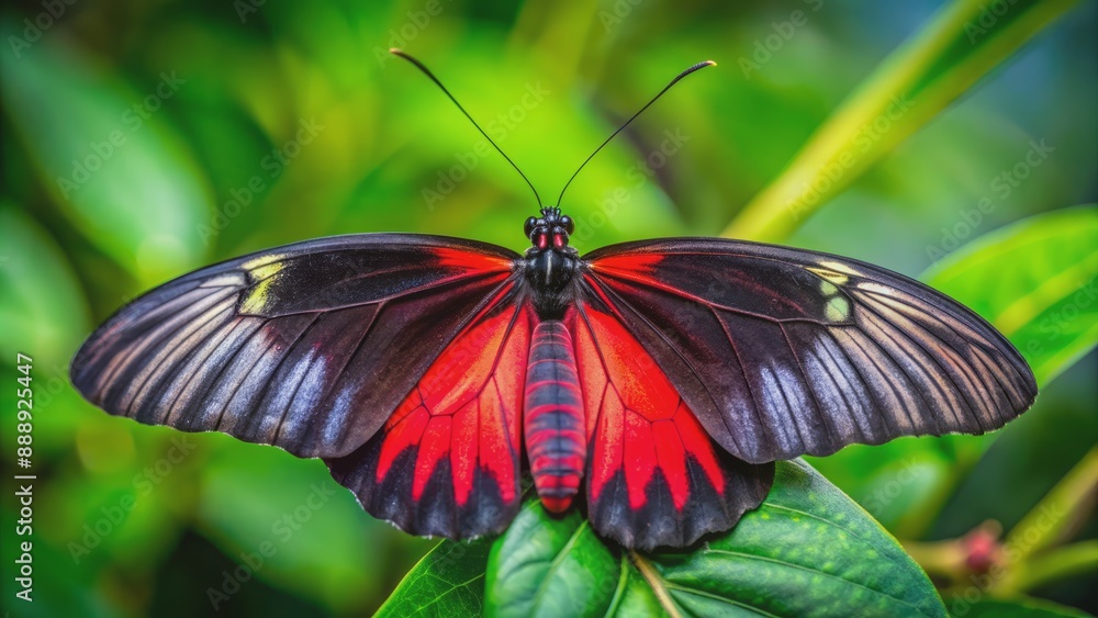 Fototapeta premium Vibrant close-up of a stunning butterfly with a sleek black body and bold red wings, set against a lush green background.