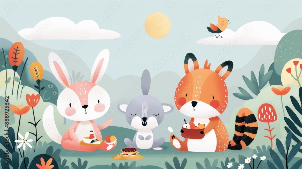 Illustrated cover of a children's storybook with a cheerful scene of talking animals having a picnic in a sunny meadow Illustrated cover of a children's storybook with a cheerful scene of talking animals having a picnic in a sunny meadow