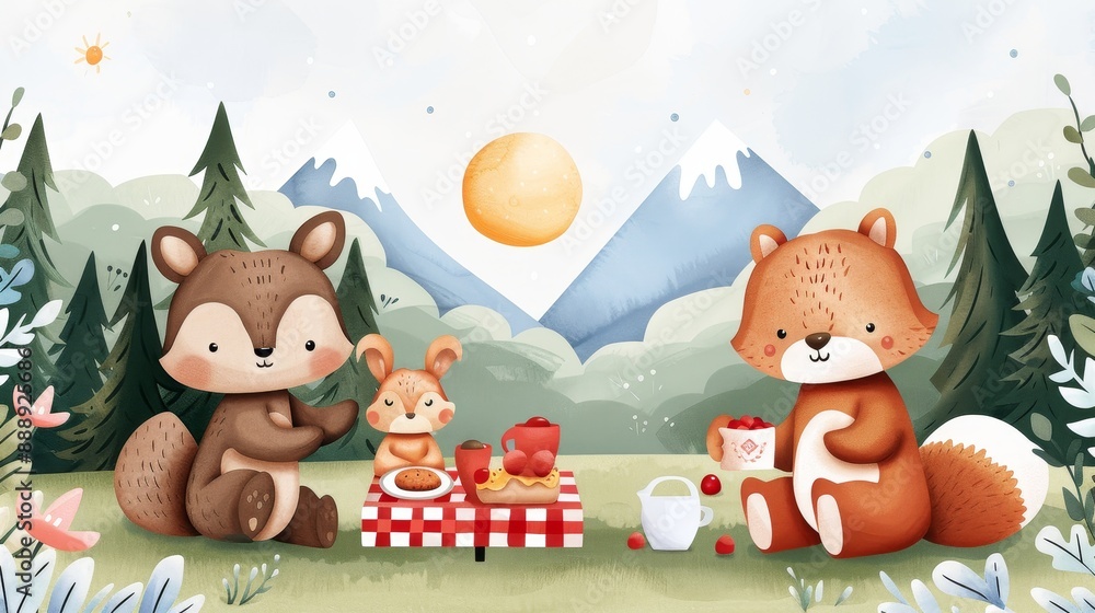 Obraz premium Illustrated cover of a children's storybook with a cheerful scene of talking animals having a picnic in a sunny meadow