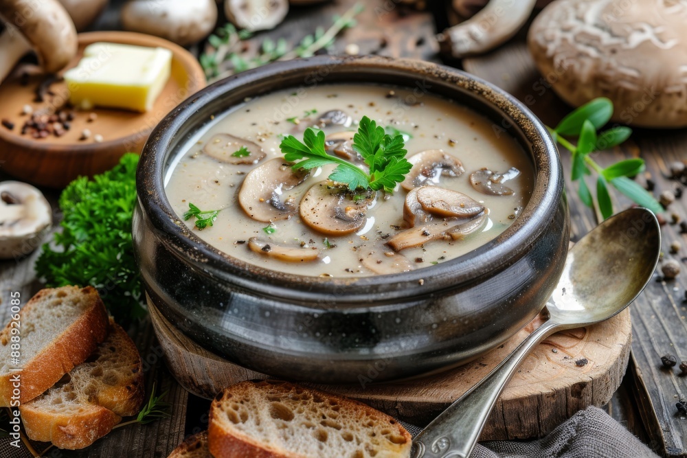Mushroom Cream Soup, Creamy Soup Made of Champignons, Boletus or Ceps with Rye Bread Toasts Mushroom Cream Soup, Creamy Soup Made of Champignons, Boletus or Ceps with Rye Bread Toasts