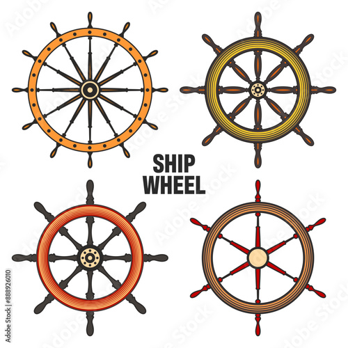 Wooden vintage steering wheels. Ship, sailboat or yacht retro wheel symbol. Colorful nautical rudder icon. Marine logotype design element. Vector illustration