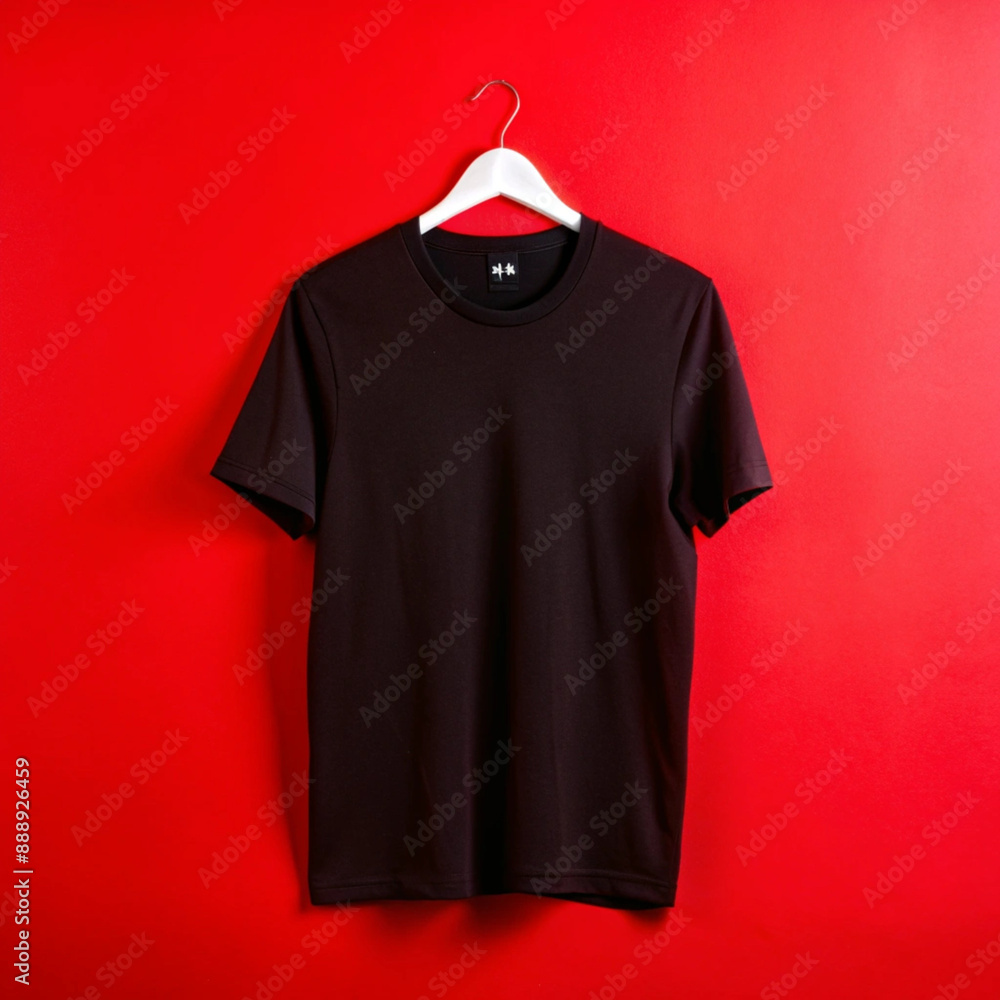 Minimalistic black t-shirt hanging on a hanger on a bright background emphasizing simplicity and fashion,mocap t-shirt Minimalistic black t-shirt hanging on a hanger on a bright background emphasizing simplicity and fashion,mocap t-shirt