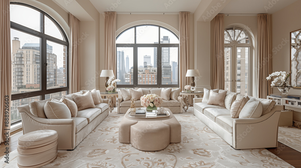 Luxurious living room with panoramic city view, featuring elegant cream-colored furniture and decor. Concept of urban living, high-end interior design, and sophisticated lifestyle. Luxurious living room with panoramic city view, featuring elegant cream-colored furniture and decor. Concept of urban living, high-end interior design, and sophisticated lifestyle.