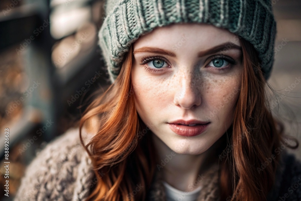 Autumn portrait. Close-up of a red-haired young woman with expressive green eyes in a knitted hat and sweater. Autumn portrait. Close-up of a red-haired young woman with expressive green eyes in a knitted hat and sweater.