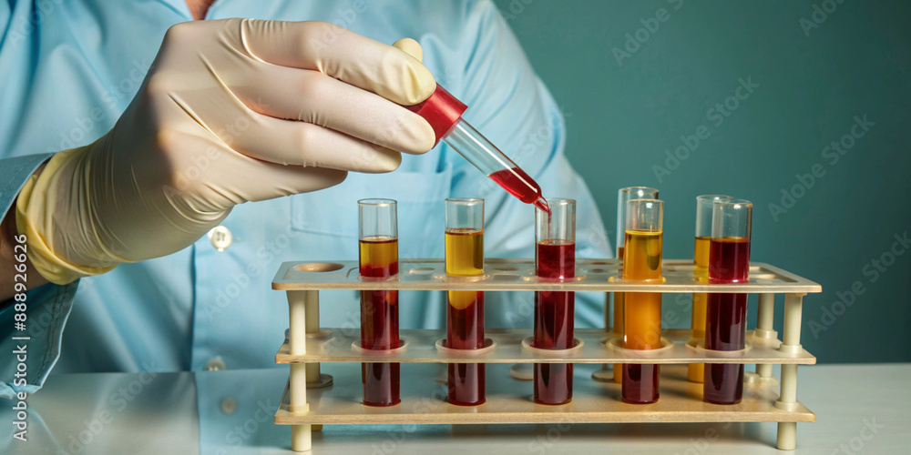 A close-up of a gloved hand holding a blood sample in a test tube, with virus illustrations in the background, symbolizing medical testing and research.