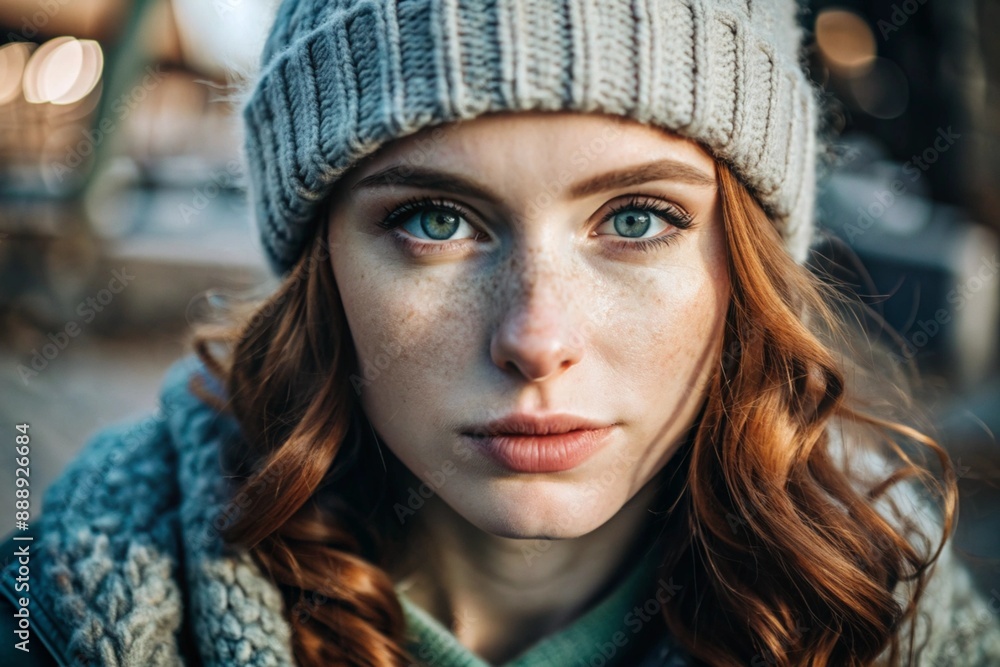 Autumn portrait. Close-up of a red-haired young woman with expressive green eyes in a knitted hat and sweater. Autumn portrait. Close-up of a red-haired young woman with expressive green eyes in a knitted hat and sweater.