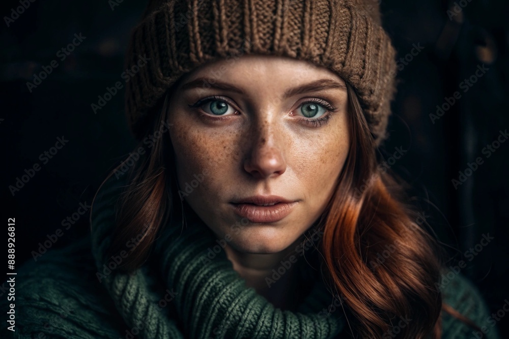 Autumn portrait. Close-up of a red-haired young woman with expressive green eyes in a knitted hat and sweater. Autumn portrait. Close-up of a red-haired young woman with expressive green eyes in a knitted hat and sweater.