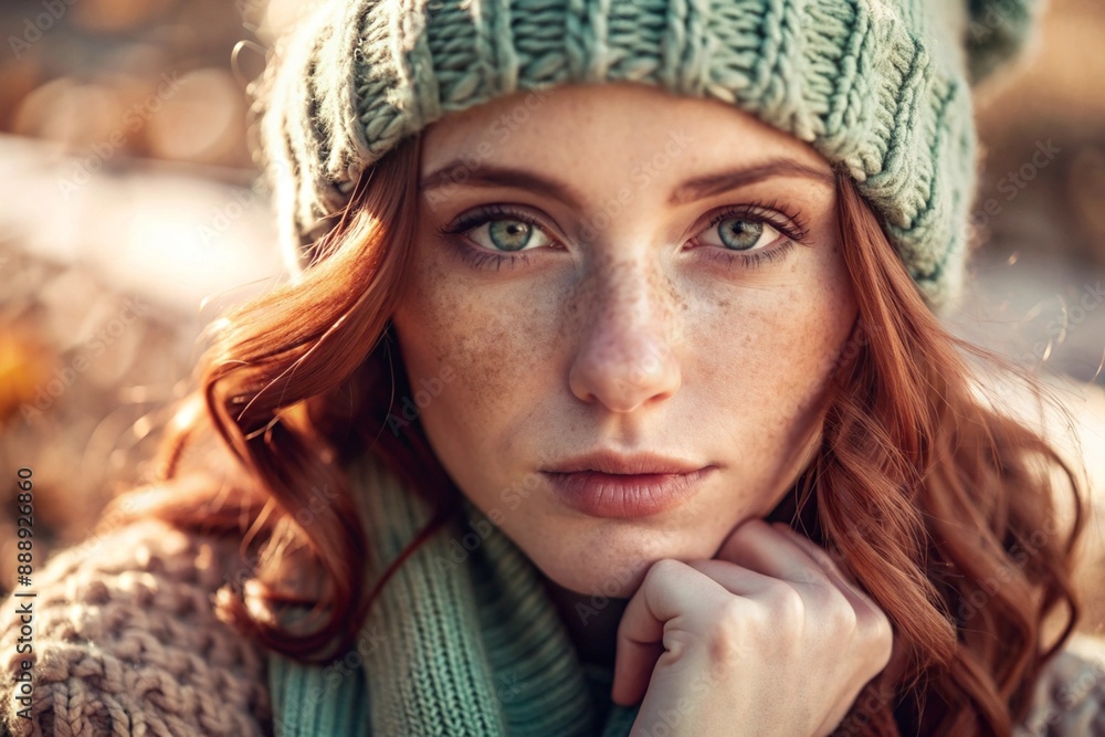 Autumn portrait. Close-up of a red-haired young woman with expressive green eyes in a knitted hat and sweater. Autumn portrait. Close-up of a red-haired young woman with expressive green eyes in a knitted hat and sweater.