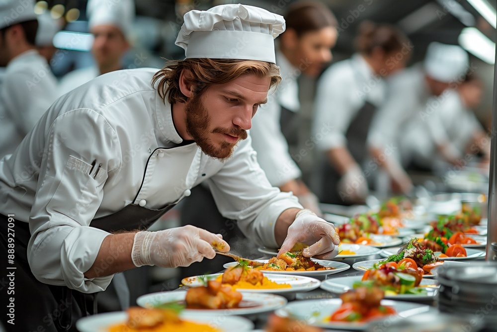Chef Preparing Plates of Food in Restaurant Kitchen Chef Preparing Plates of Food in Restaurant Kitchen