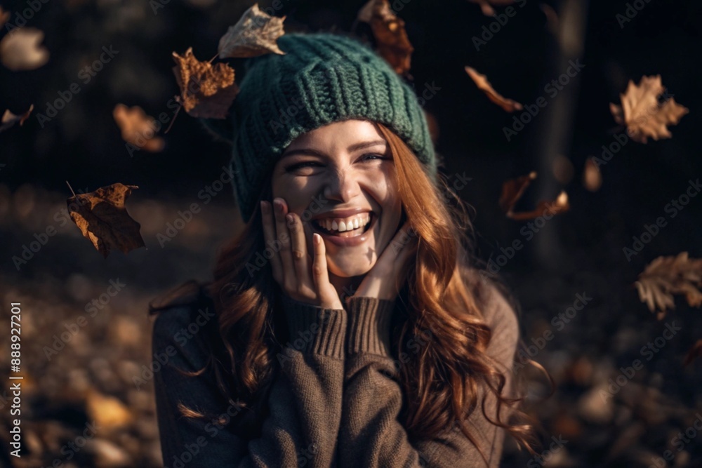 Autumn portrait. Close-up of a red-haired young woman with expressive green eyes in a knitted hat and sweater. The girl laughs in the rays of the setting autumn sun. Autumn portrait. Close-up of a red-haired young woman with expressive green eyes in a knitted hat and sweater. The girl laughs in the rays of the setting autumn sun.