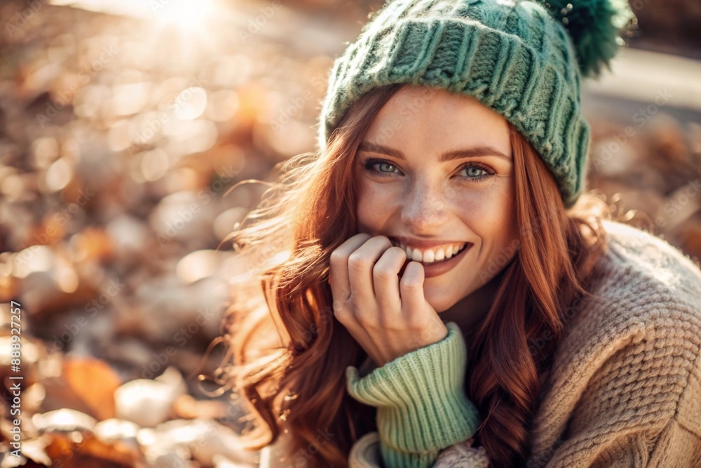 Autumn portrait. Close-up of a red-haired young woman with expressive green eyes in a knitted hat and sweater. The girl laughs in the rays of the setting autumn sun. Autumn portrait. Close-up of a red-haired young woman with expressive green eyes in a knitted hat and sweater. The girl laughs in the rays of the setting autumn sun.