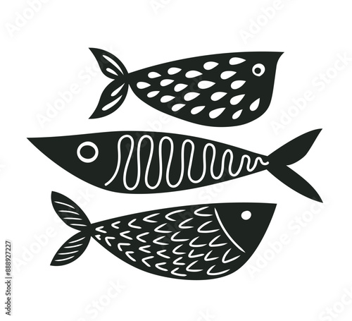 Set of abstract tropical fish. Cute and fun, in black and white. Vector illustration..eps