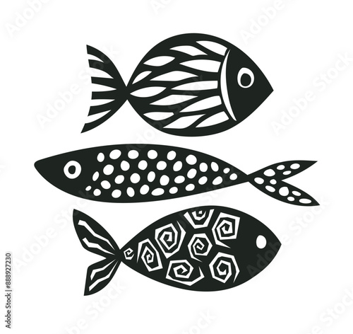 Set of fish silhouettes. Black and white vector illustration..eps