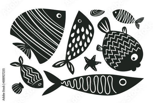Set of abstract fish and seafood. Vector illustration. Perfect for menus, packaging and patterns.eps