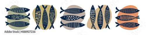 Collection of beautiful hand-drawn fish in flat style. Fish body, vector icons. Vector illustration for icon, logo, print, icon, pattern, menu, packaging, stickers..eps