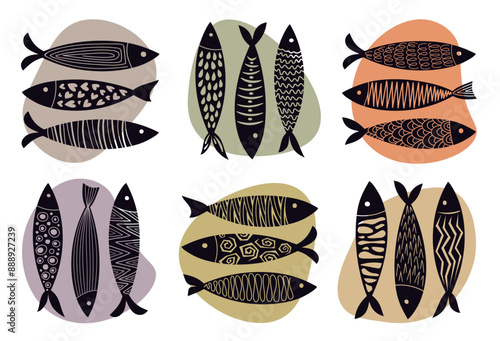 Set of hand-drawn fish in flat style. Abstract, modern and fun fish, ideal for prints, menus, packaging, icons, patterns and cards..eps