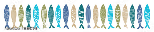 Set of hand-drawn fish in flat style. Abstract, modern and fun fish, ideal for prints, menus, packaging, icons, patterns, templates, and cards..eps