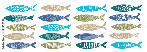 Set of hand-drawn colorful abstract fish. Sardines, salmon, tuna, tilapia. Minimalist and modern vector illustration..eps