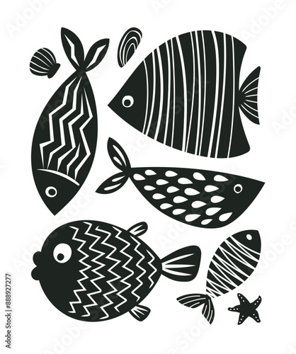 Set of modern and abstract fish and seafood. Fun and juicy vector illustration..eps