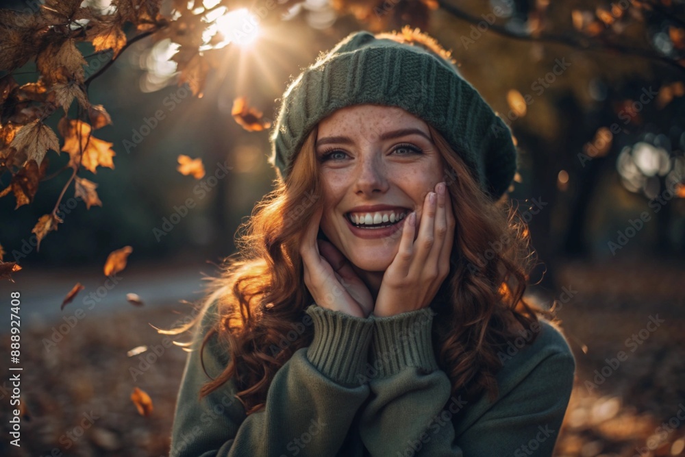 Autumn portrait. Close-up of a red-haired young woman with expressive green eyes in a knitted hat and sweater. The girl laughs in the rays of the setting autumn sun. Autumn portrait. Close-up of a red-haired young woman with expressive green eyes in a knitted hat and sweater. The girl laughs in the rays of the setting autumn sun.