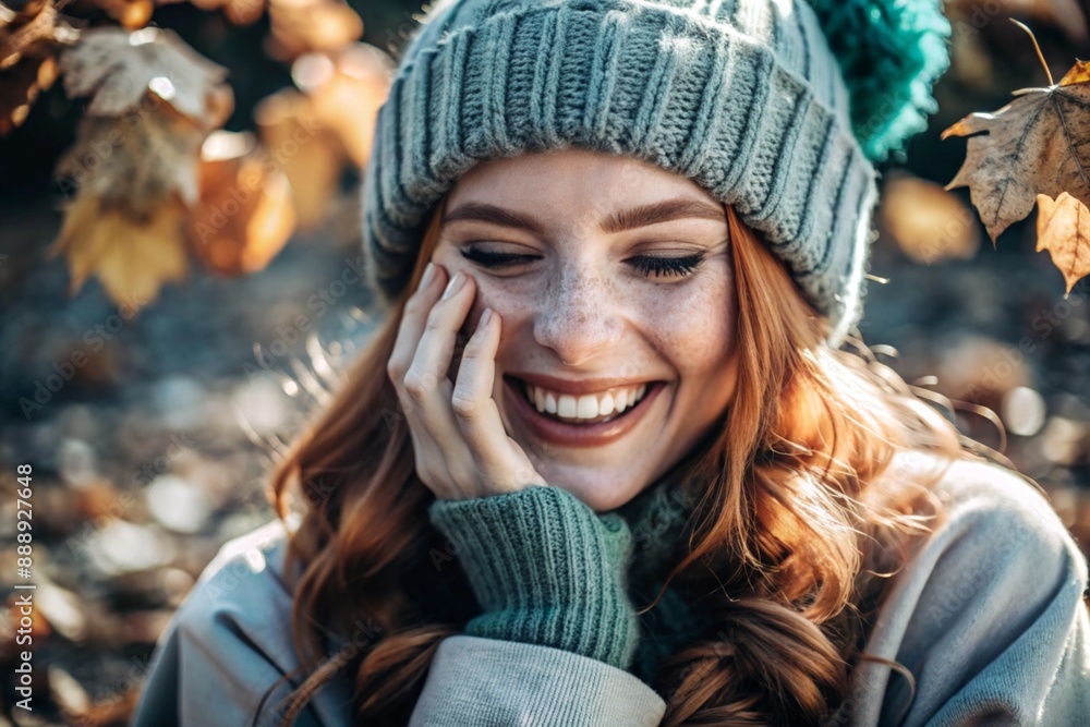 Autumn portrait. Close-up of a red-haired young woman with expressive green eyes in a knitted hat and sweater. The girl laughs in the rays of the setting autumn sun. Autumn portrait. Close-up of a red-haired young woman with expressive green eyes in a knitted hat and sweater. The girl laughs in the rays of the setting autumn sun.